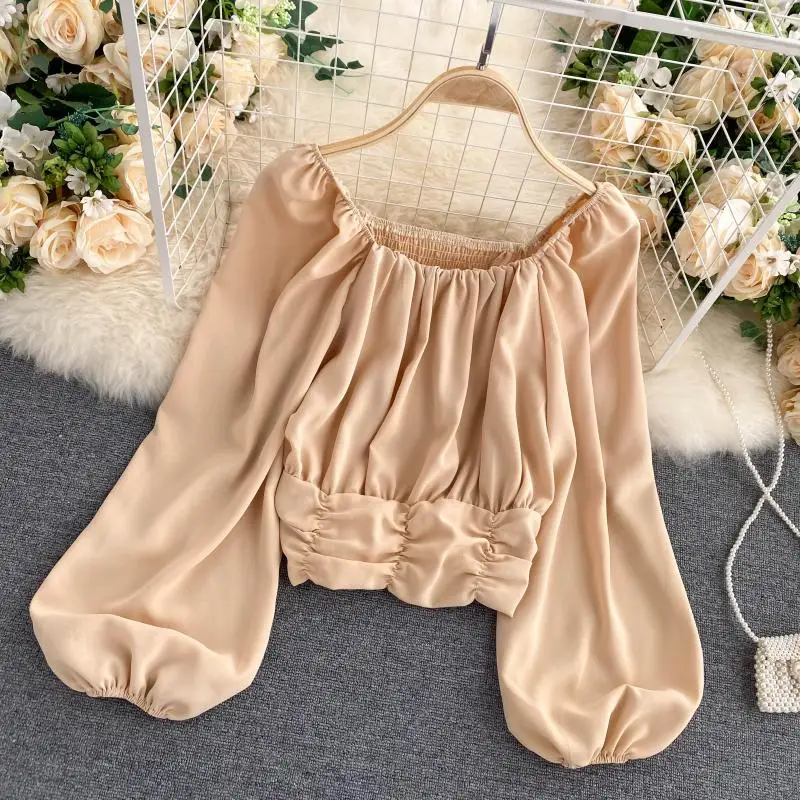 Осенняя новая короткая блузка с квадратным воротником и длинными рукавами