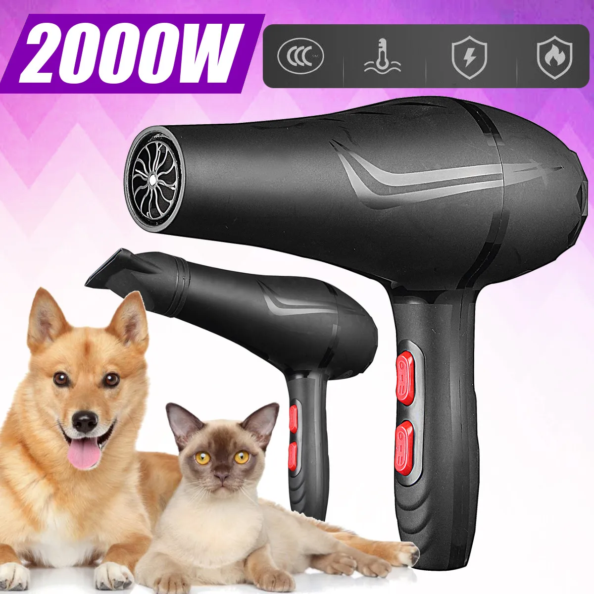 

2000W Pet Hair Dryer Professional Blow Dryer Salon Hair Styling Hairdryer 2 Speed 2 Heat Settings Electric Pet Accessories