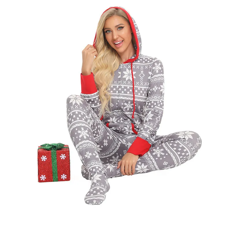 Christmas Family Pajamas Hooded Zip-up Onesies Elk Printed Sleepwear Men Women Kids Loungewear Ladies Homewear images - 6
