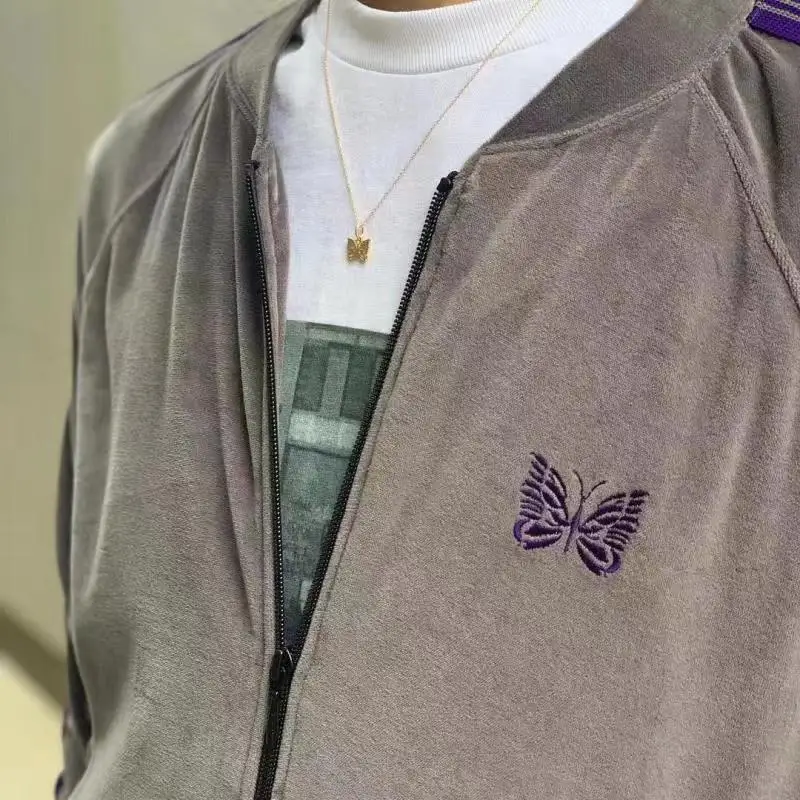 

Velvet Ribbon Striped AWGE Needles Jacket Men Women 1:1 Best Quality Butterfly Embroidery Striped Needles AWGE Jackets Coat