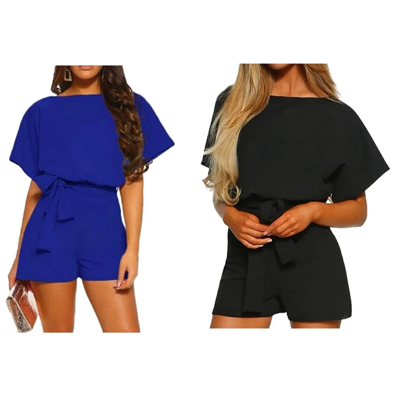 

2X Women Jumpsuit Summer Rompers Short Sleeve Strappy Onesies Casual Short Jumpsuit S Black & Blue