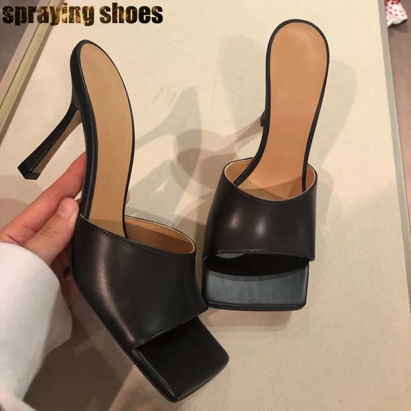 Genuine Leather Стильные женские шлепанцы с квадратным носком; Летние кожаные босоножки; пикантные шлепанцы на высоком каблуке; Женская обувь в римском стиле - Цвет: Genuine Leather