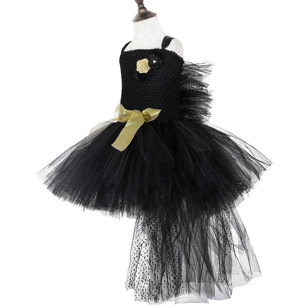 Черное платье-пачка для девочек со шлейфом золотые цветы Тюлевое платье на