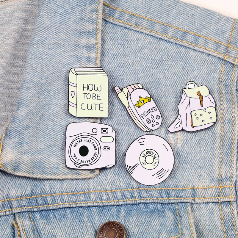 Backpack Book Camera Mobile phone CD Enamel Pin Badges Pink Girl Brooches Denim Shirt Collar Lapel Pins Jewelry Gifts for Women