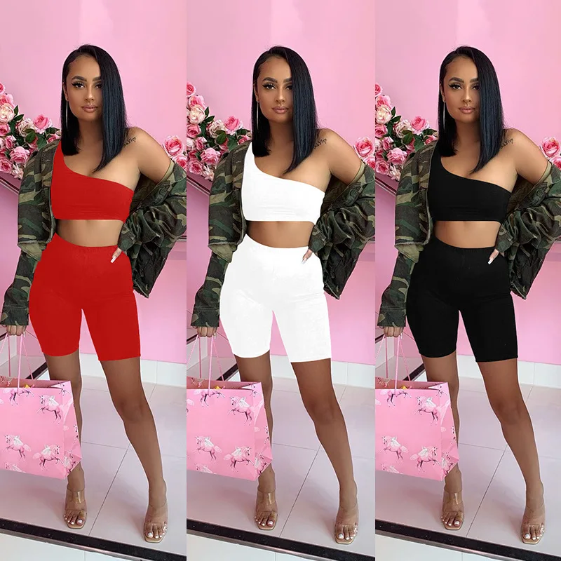 

Echoine Summer Irregular Sleeveless One Shoulder Tank Crop Top Shorts Set Active Biker Suit Yoga Jogger Tracksuit Women Sporty