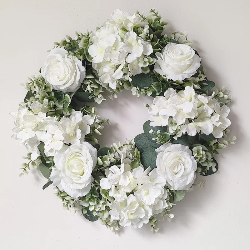 

45cm White Rose Hydrangea Eucalyptus Globulus Artificial Wreaths Artificial Flower Garlands For Front Door Wedding Party