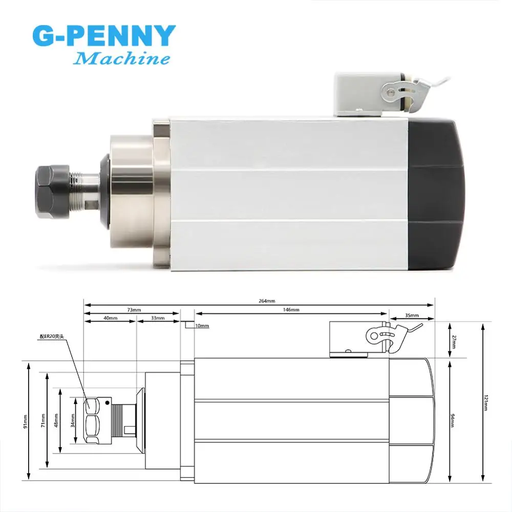 Шпиндель квадратного типа с воздушным охлаждением 1 5 кВт ER20 4 шт. подшипники 0 01 мм