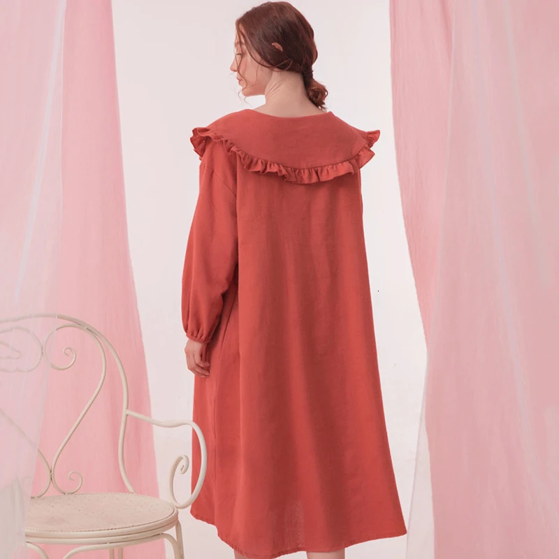 

Winter Long Sleeve Nightdress Women Lady Cotton Comfortable Sleepdress Sleepwear Solid Color Plus Size Nightgown Lady Homewear