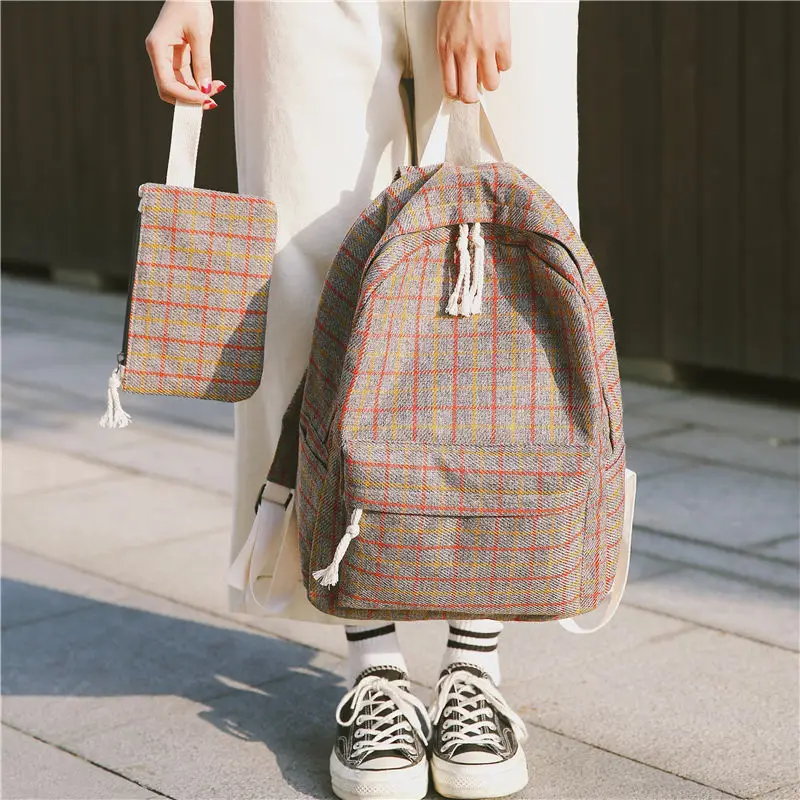 

1/2Pcs High Quality Wool Bag Plaind Pattern Design Women Bags Casual Female Wind Stripes School Bag Backpacks For Teenager Girls