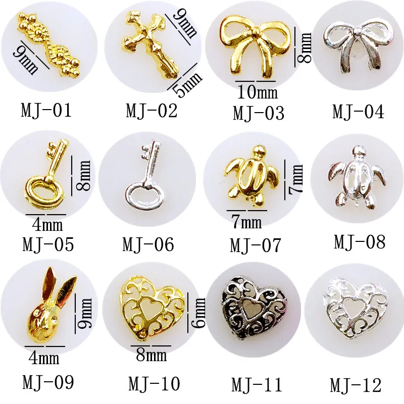 50Pcs/Lot metal nail art cross bow knot key tortoise rabbit heart 3d gel nail jewelry charms decoration tools