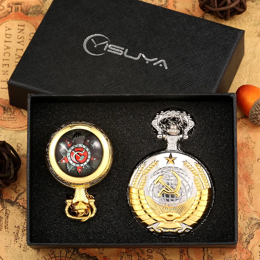 CCCP Quartz Pocket Watch Sets for Men Women USSR Communist Soviet Union Watch Badge Pendant Souvenir Luxury Gift Карманные часы