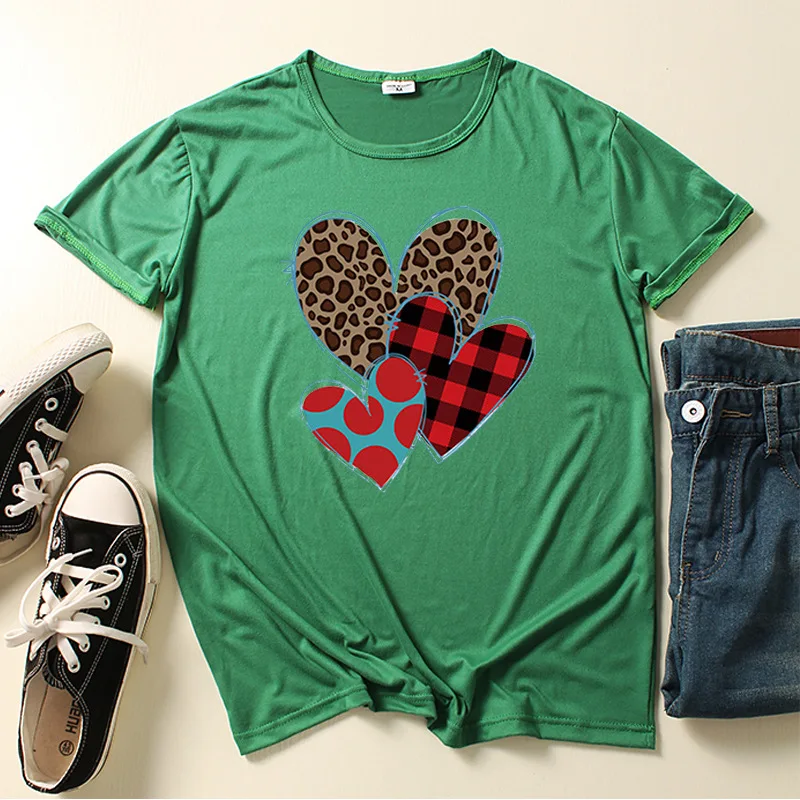 

Leopard Thribble Heart Print Women T Shirt Short Sleeve O Neck Loose Women Tshirt Ladies Tee Shirt Tops Camisetas Mujer