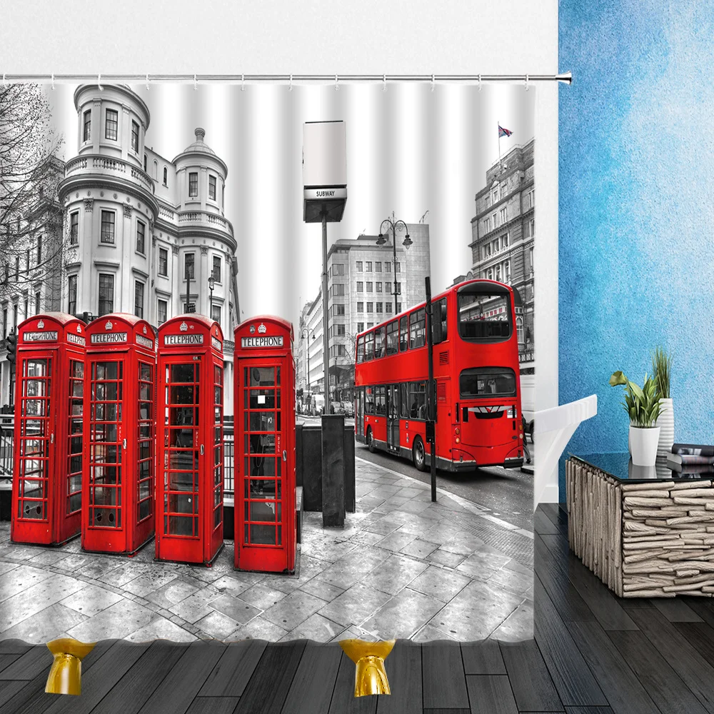 Занавеска для душа с изображением Лондонской уличной пейзажа s красная