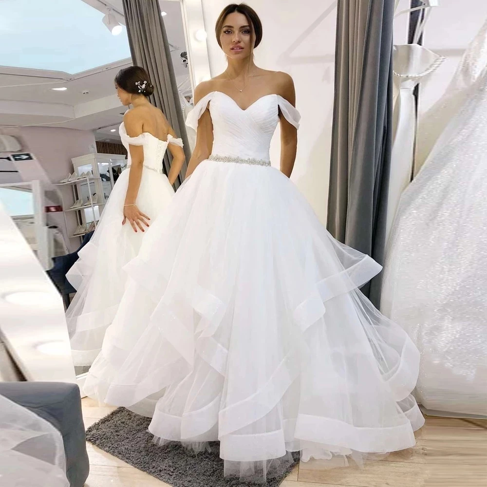 

Sexy Sweetheart Ball Gown Wedding Dress Bohemian Fashion Ruffle Tulle Crystal Waist Floor-Length Formal Bride Dress