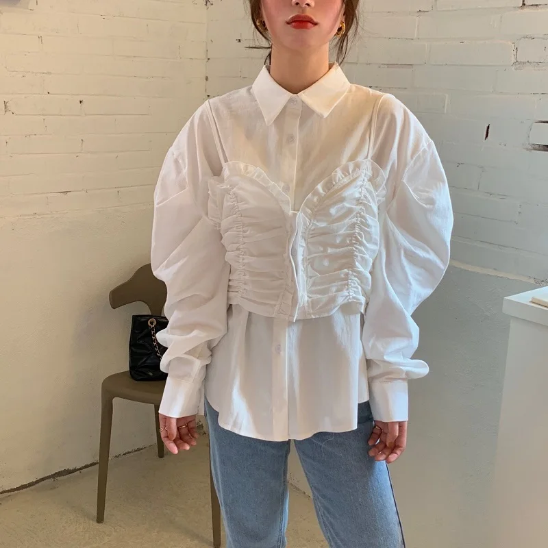 

Alien Kitty 2021 Solid Retro Fashion Women Chic Shirt Pleated Korean Vintage Hot Loose High Quality All Match Casual Top Blouses