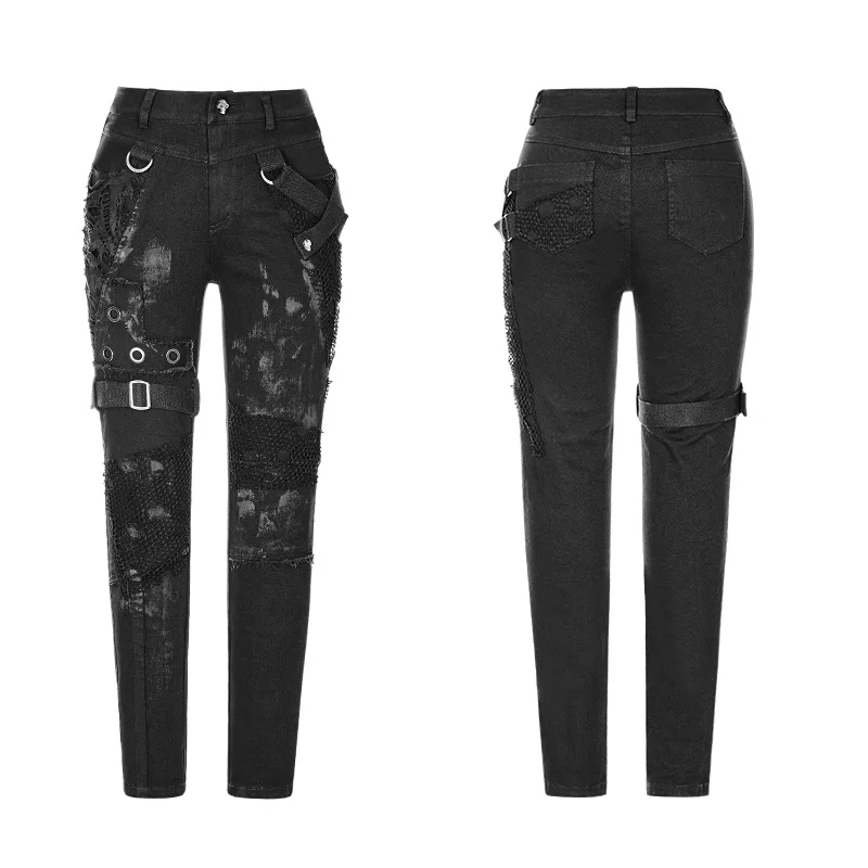 PUNK RAVE Women's Punk Rock Biker Fashion Personality Dilapidated Streetwear Casual Women Black Pants Broken Mesh Trousers | Женская