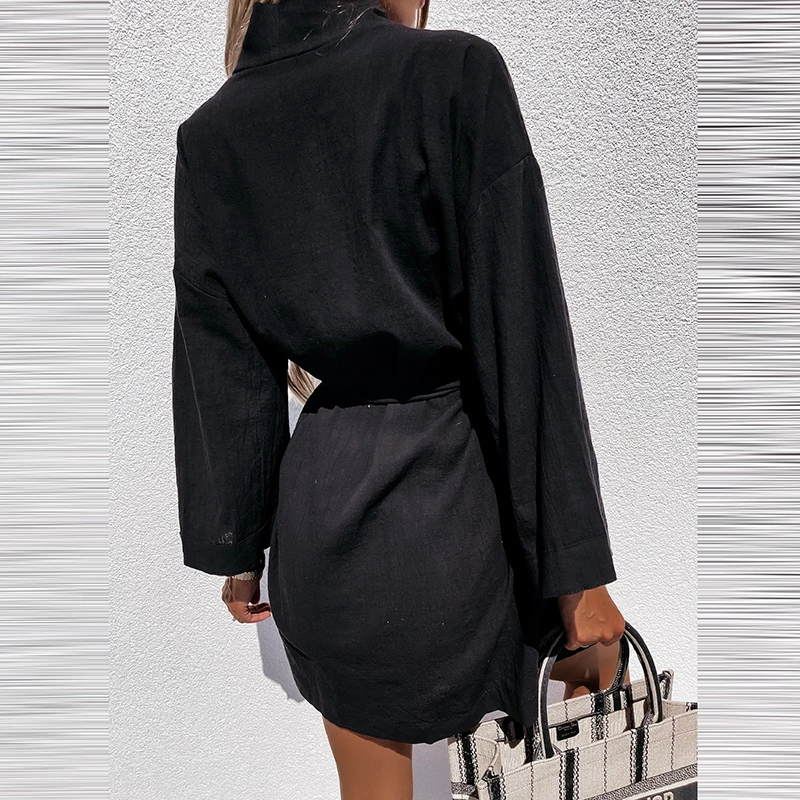 

Summer Solid Color Loose Shirt Dress Women Long Sleeves Lace-up Casual Slim Cardigan V Neck Sexy Dresses Elegant Loose Vestidos