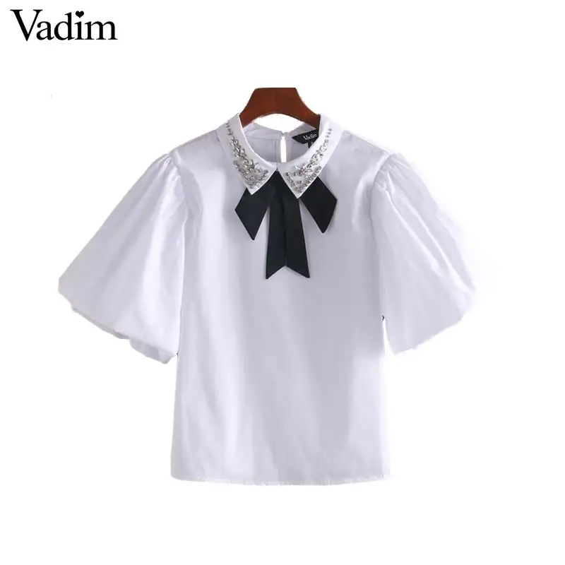 Vadim women sweet white bow tie blouses beading diamonds decorate short sleeve shirts female basic cute tops blusas DA655 | Женская