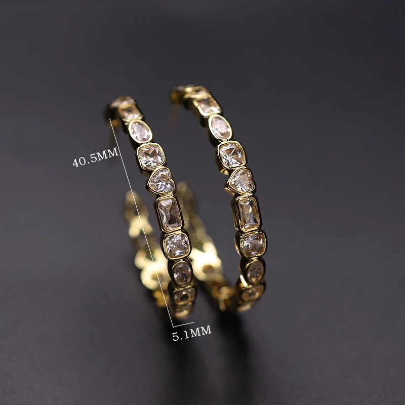 

Fashion Big Hoop Earrings Pave luxury Heart Round Geometry Clear Shiny Cubic Zirconia Gold Color Earrings Women Party Jewelry CZ