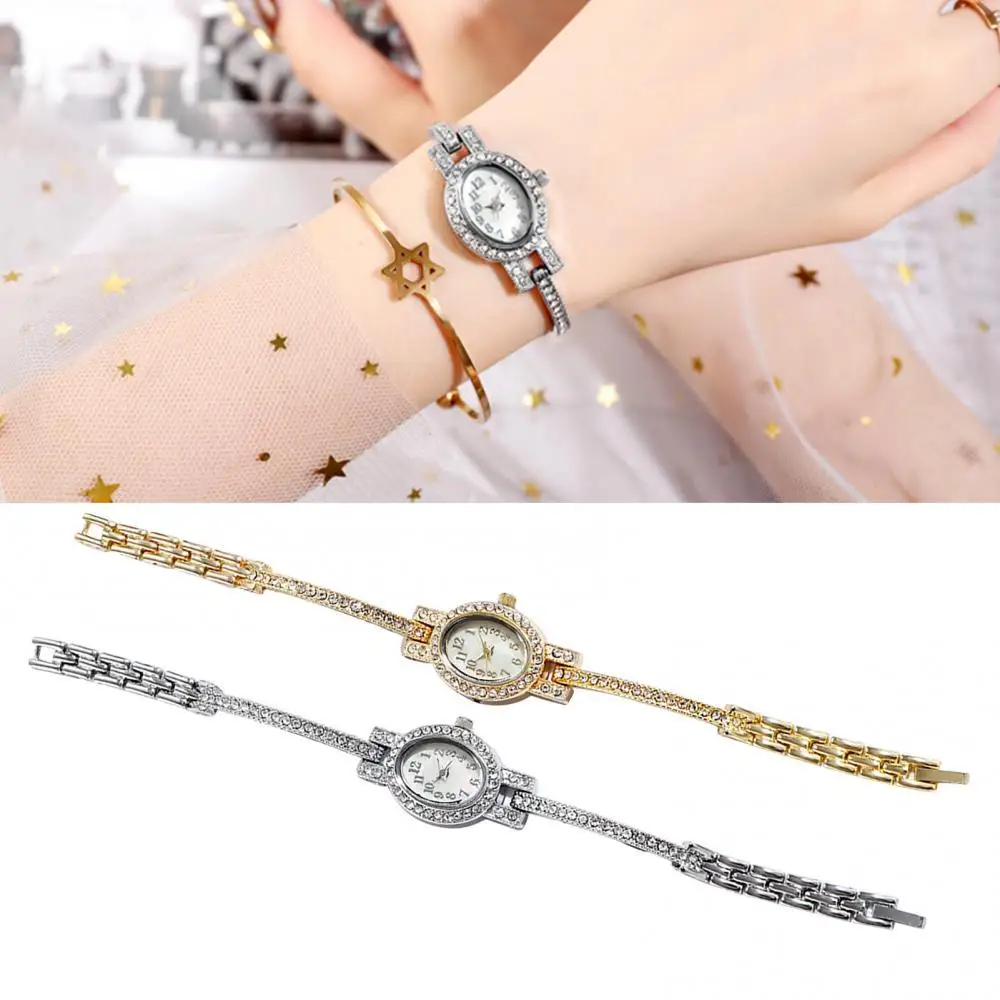 

Women Simple Oval Small Dial Rhinestone Shiny Bracelet Watch Wristwatch Gift