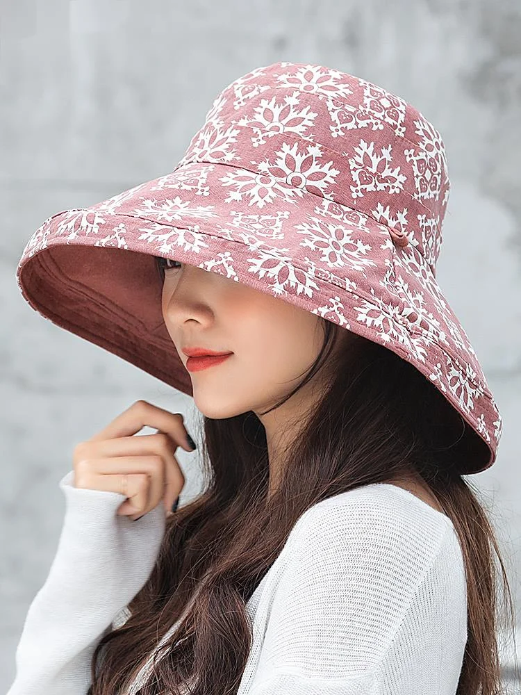

Summer Women Snowflake Cotton Sun Hats Female Foldable Bucket Cap Large Wide Brim Anti-UV Beach Hat