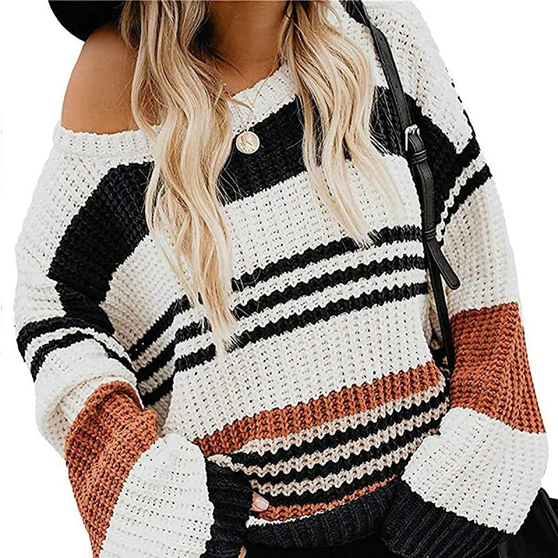 

2020 autumn and winter new women's striped knit pullover long sleeve loose round neck sweater autumn clothes women