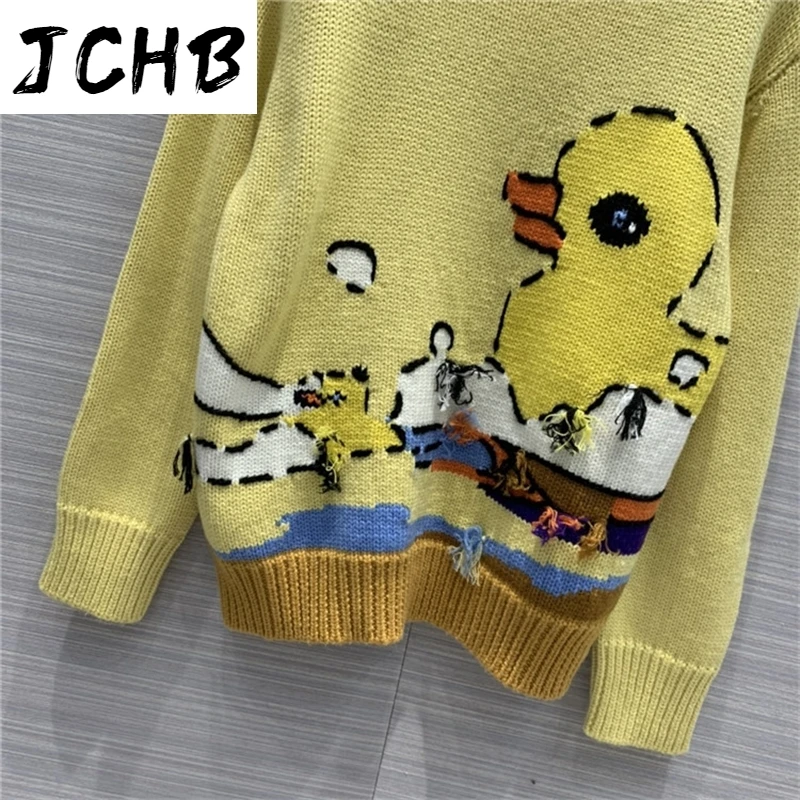 

85% Pullovers Wool 2021 Autumn Winter Women Casual Cartoon Little Yellow Duck Loose Tassel Knitted Sweater Tops