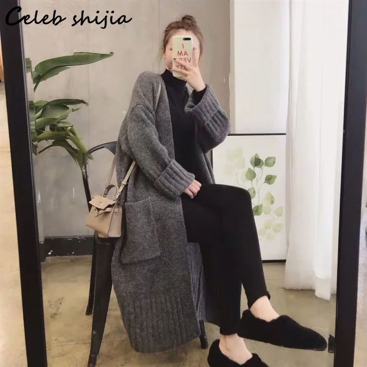 Женский длинный вязаный кардиган SHIJIA корейский шерстяной свитер цвета хаки с