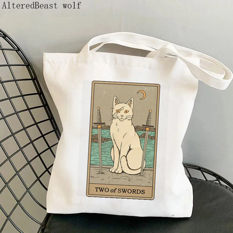 

Women Shopper bag Two of Swords cat Tarot Printed Bag Harajuku Shopping Canvas Shopper Bag girl handbag Tote Shoulder Lady Bag