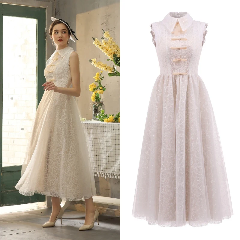 Женское кружевное платье цвета шампанского VINTEAGE повседневное цельнокроеное до