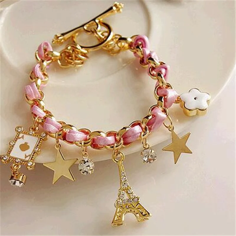 Fashion popular wild five-pointed star flower playing card A Paris Eiffel Tower crown leather rope woven bracelet anklet female | Украшения