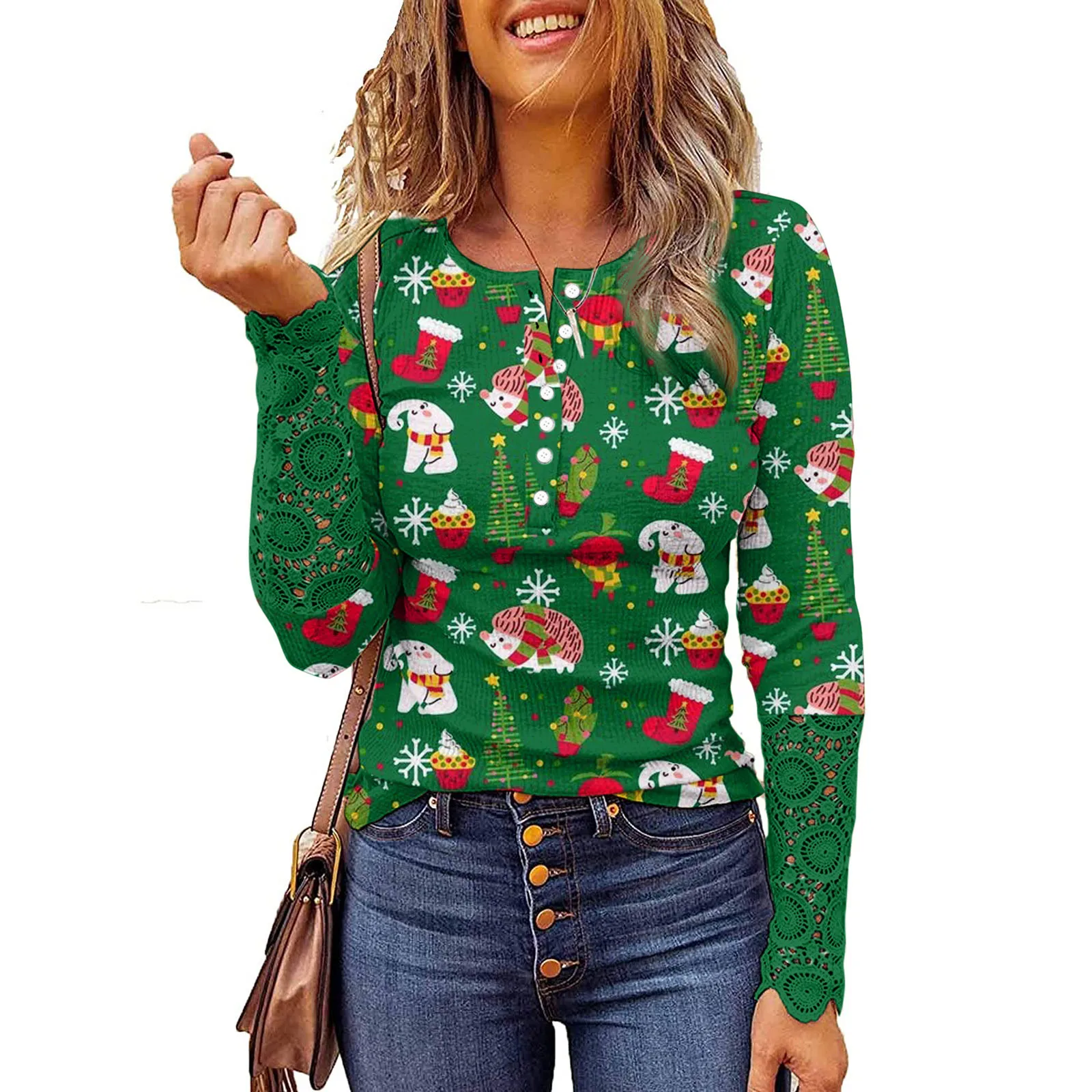

2021 new women's long sleeve Christmas printed lace button round neck bottomed shirt