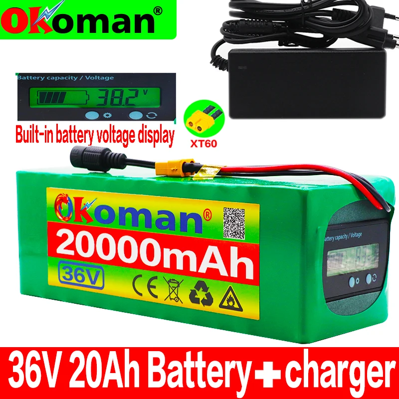 36В 20Ач Аккумулятор для электровелосипеда 20А BMS Литий с разъемом Ebike XT60 Индикатор емкости + Зарядное устройство.