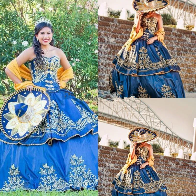 Платье Quinceanera со шнуровкой 2021 мексиканское роскошное платье с золотой вышивкой