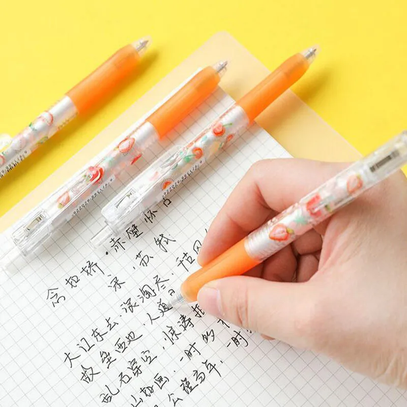 

2pcs Orange Strawberry Print Press Gel Pen Rollerball 0.5mm black Writing Stationery