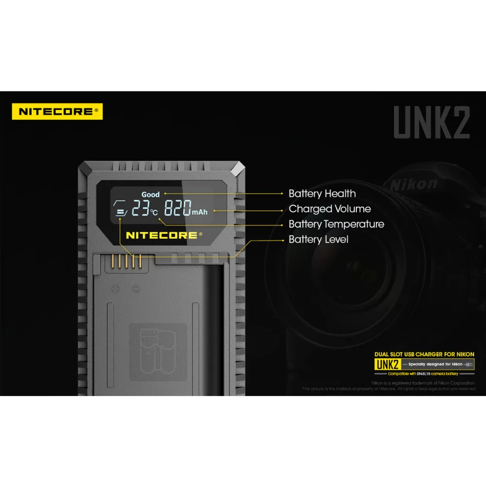 Новый Nitecore UNK2 Dual USB Зарядное устройство для Nikon EN-EL15 Батарея D500 D600 D610 D750 D800 D800E D810 D810A