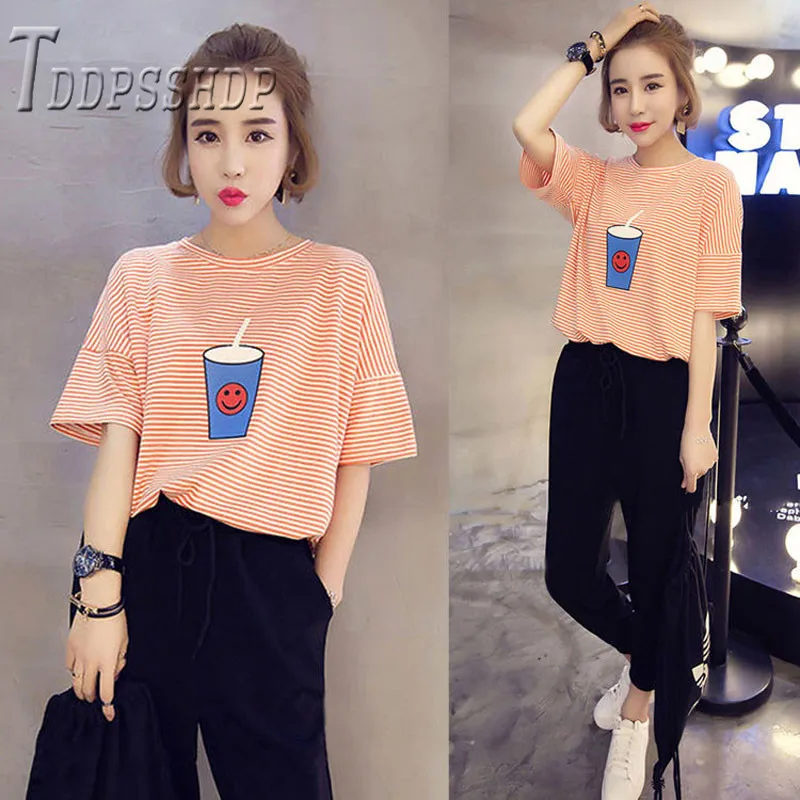 

2019 Juice Print Women Sets Summer Casual T Shirt And Pants Female Sets