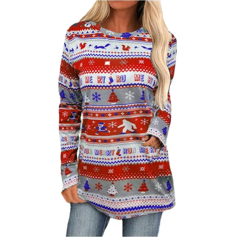 

Christmas Snowflower Printed Tops Women Casual O-Neck Long Sleeve Cartoon Snowman Pattern Shirts Elegan Christmas Clothing