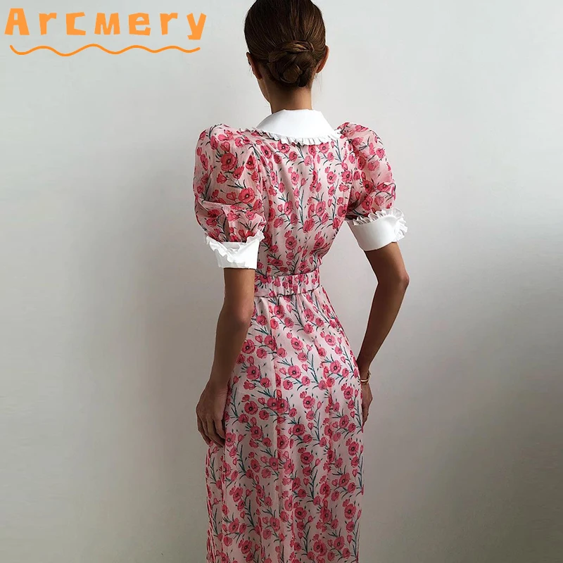 

Women Turn Down Collar Button Design Short Sleeve Slit Elegant Dress