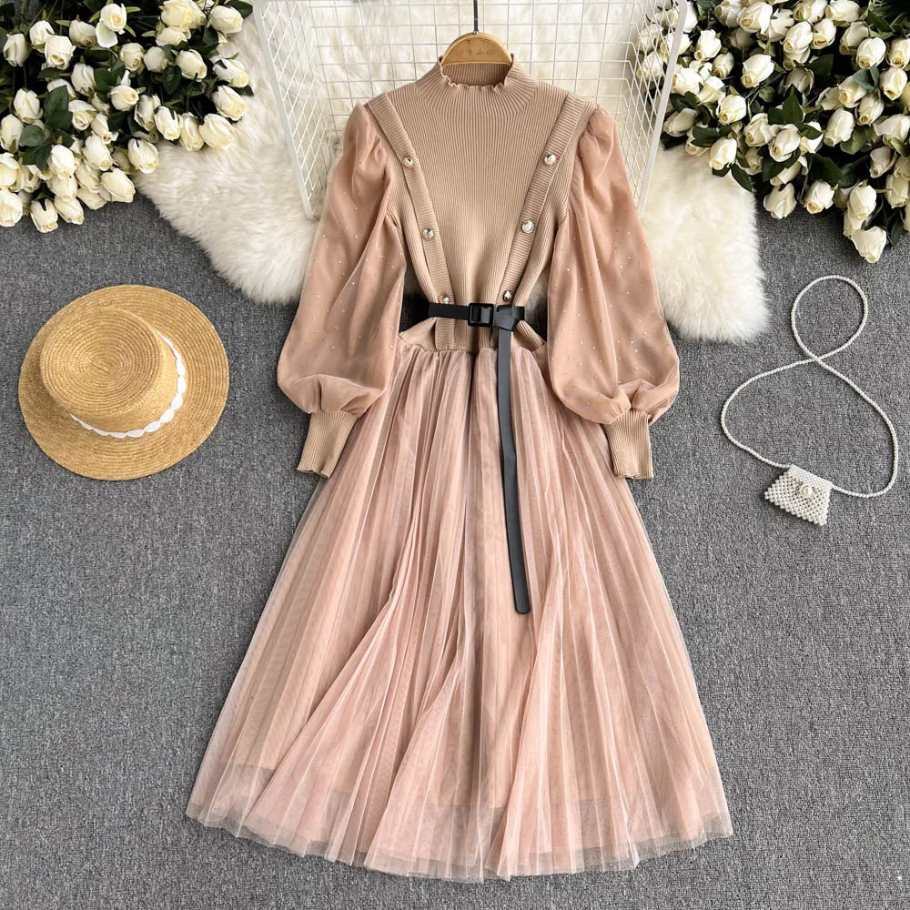 

Autumn Winter Women's Dress Elegant French Puff Sleeve Stand Collar Mesh Splice Knit Dresses A-line Streetwear Long Dress Robe