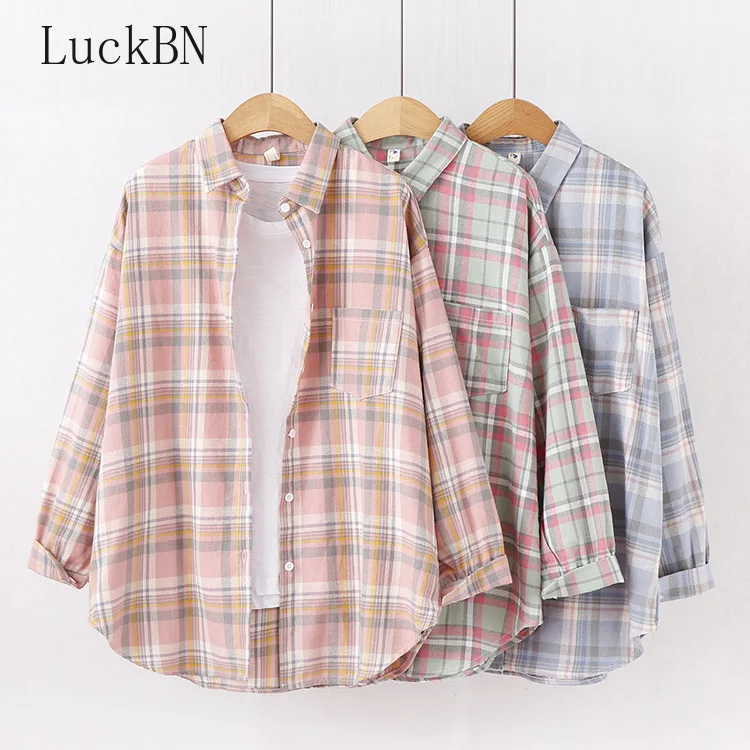 Рубашка женская свободная из 100% хлопка в клетку стиле бойфренда | Женская одежда