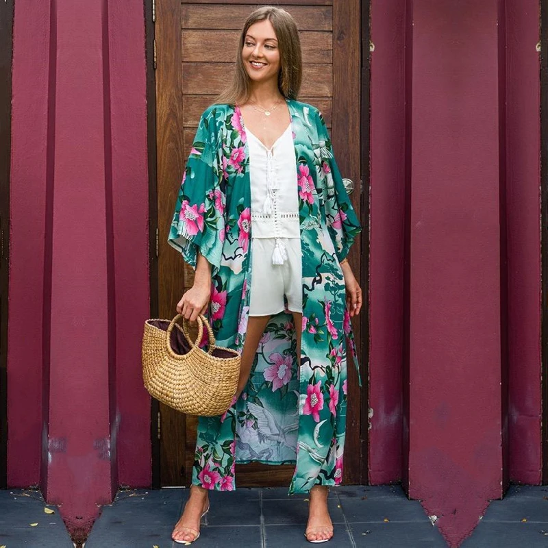 

2021 Green Bohemian Printed Bikini Wrap Cover-ups Chinese Style Kimono Cardigan Cotton Tunic Beach Dress Swimwear Cover Up #Q734