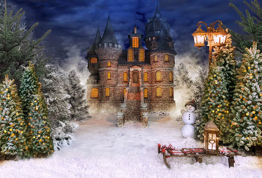 

Виниловый фон для студийной фотосъемки с изображением фантастического замка снежного леса снеговика ночного неба Рождества зимы размером 7 Х5 футов размером 220 см X 150 см