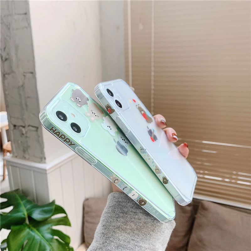 

Cute Cartoon Bear Phone Cases on For iPhone 12 Mini 11 Pro XS MAX X XR 7 8 Plus SE 2020 Clear Frame Print Soft Tpu Cover Funda