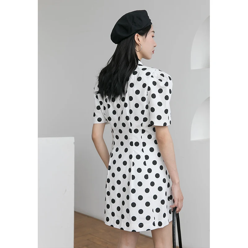 

COIGARSAM French Style Polka Dot Women dress Summer Vintage Short Puff Sleeve Dresses Black 2009