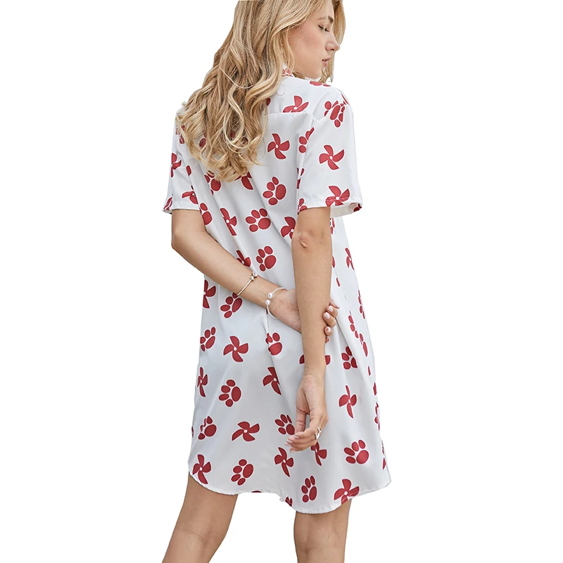 

YOMING YM05 Fashion Red Flower Print Long Blouses Tops Turn-down Collar Short Sleeve Buttons Style Shirts Streetwear