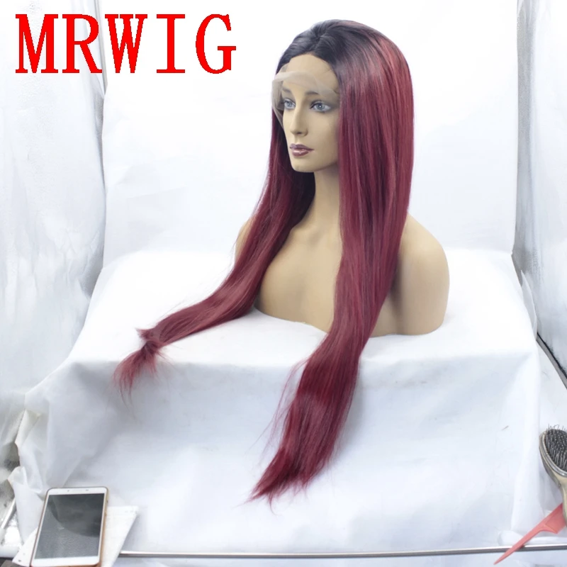 MRWIG средняя часть длинные шелковистые прямые Омбре бордовые волосы синтетические волосы на кружеве парик 2 тона ошибка для африканской maerian женщины