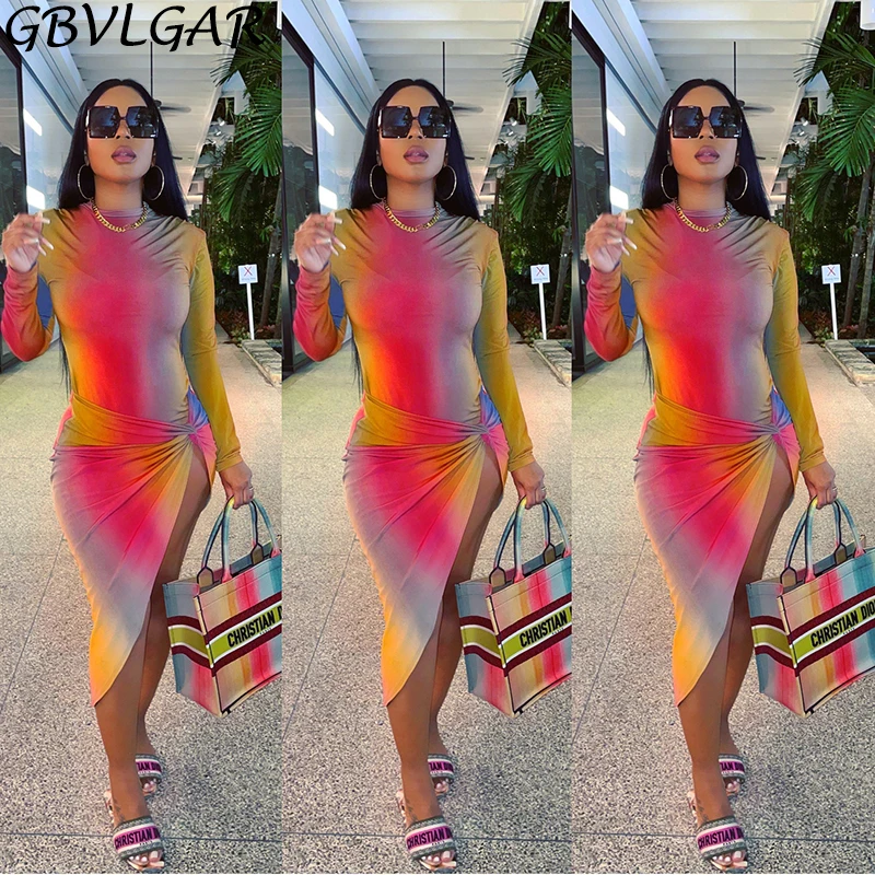 

Rainbow Gradient Color Bodycon Mid Calf Dresses Women Long Sleeve 2021 Spring Uautmn Partywear Skinny Ruched Side Split Vestidos