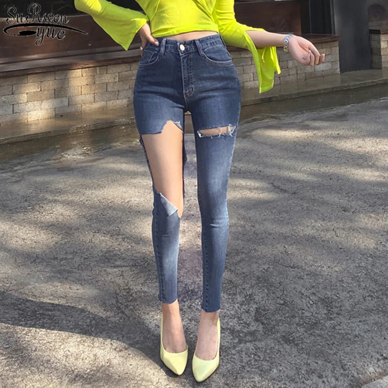 

2021 New Casual High Waist Blue Ripped Jeans for Women Summer Skinny Jeans Women Pencil Pants Denim Pants Jeans Mujer 10405