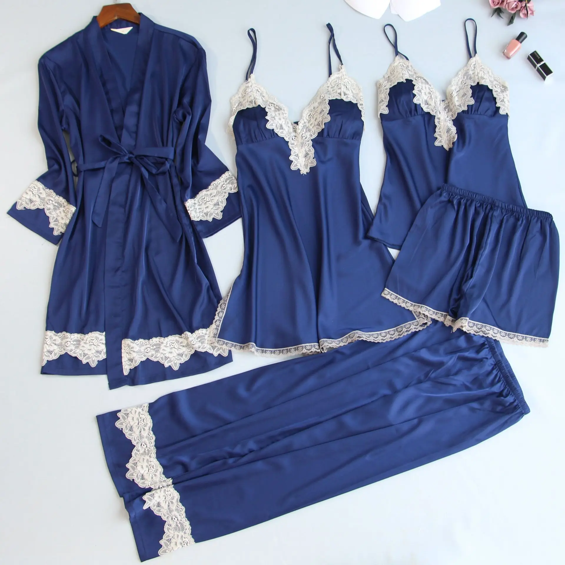 

Fashion 5 PCS Pijamas Women Silky Sleepwear women's Lace Night Gown Sexy Female Robe Bathrobe Ladies Night Plus Size